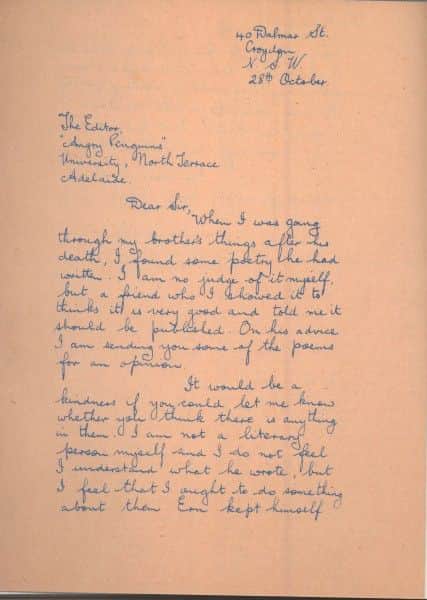 Ethel's first letter to Max Harris Ethel's first letter to Max Harris