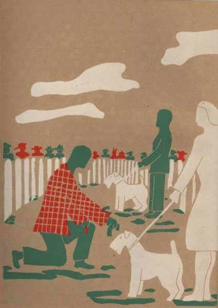 'Judging the Airedales', linocut by Irvine Green, Tails Up, ed. Cecily Crozier, Comment Publications