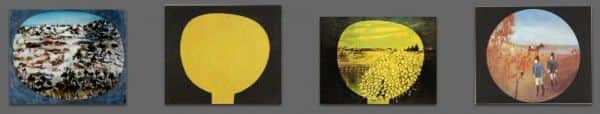 Nolan works using a tondo, from left to right: (1) "Landscape, Dimboola", 1948; (2) "Moonboy" or "Boy and the Moon", 1939-40, National Gallery of Australia; (3) "Homage aux Prix Nobel", 1974; (4) "Mrs Skillion putting her fingers to her nose", c 1946-47.