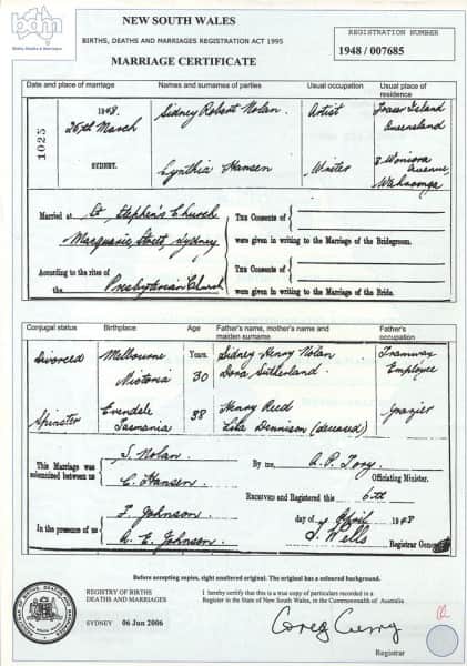 Marriage Certificate - Sidney Nolan and Cynthia Reed (Hansen)