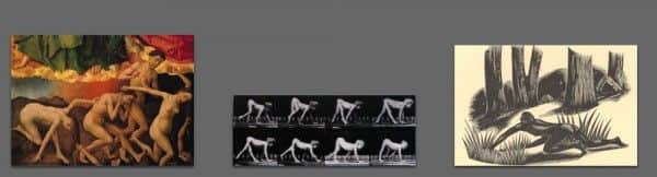 Resembling "Mrs Fraser" - possible predecessors, from left to right: (1) detail from Rogier van der Weyden "Altarpiece of the Last Judgement", c 1452; (2) Eadweard Muybridge "Infantile Paralysis: Child Walking on Hands and Feet", 1887; (3) Robert Gibbings, illustration from "John Graham (Convict)", 1937