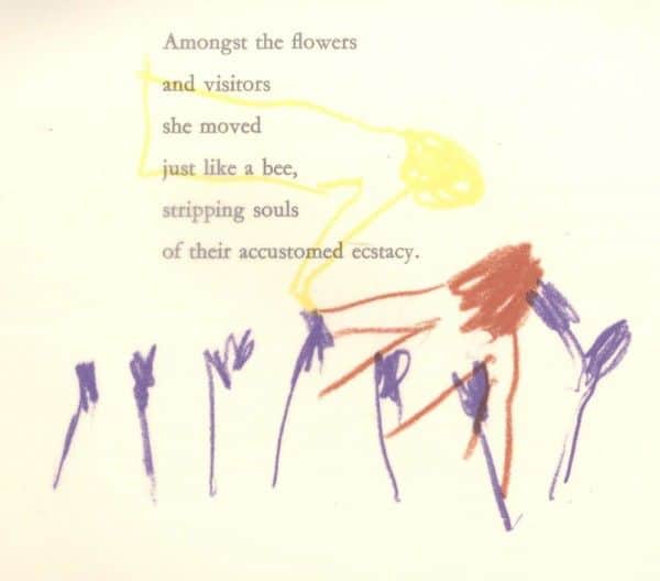 Sidney Nolan, "Dead-heading", poem and crayon overlay, from "Paradise Garden", 1971