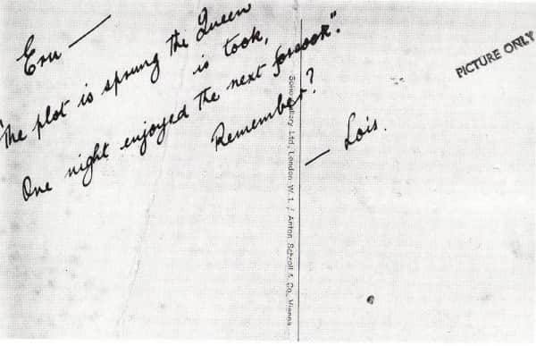 Postcard pinned to Ern Malley's wall, verso