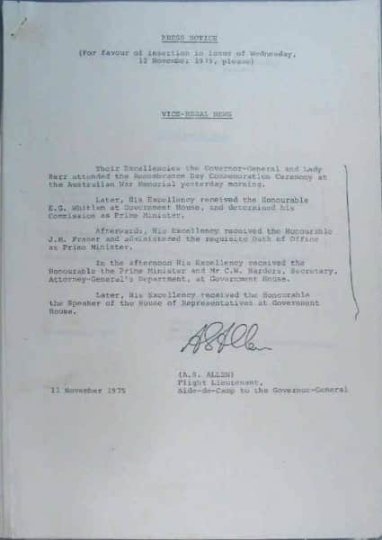 Dismissal of the Whitlam Government, 11 November 1975, Vice-Regal press release