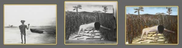 left to right: two photos of Fraser Island paintings, sent from the island by Nolan to Sunday Reed in 1947; computer enhanced coloured reconstruction of second photo