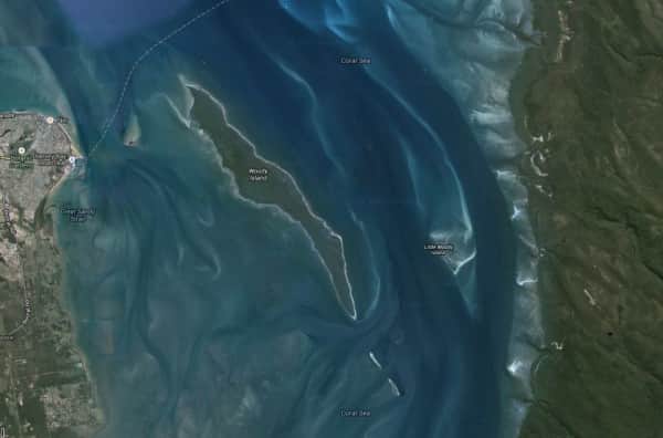 Google Satellite image showing Woody and Little Woody Islands in Hervey Bay opposite Urang Creek