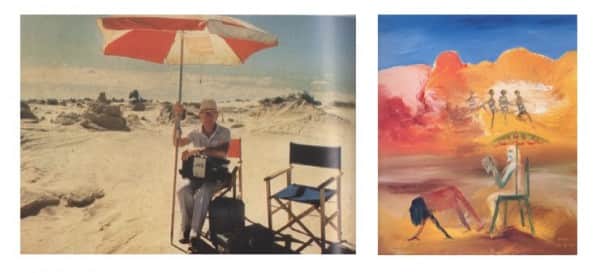 left, Nolan on location for shooting of "Burke and Wills", 1984; right, Sidney Nolan, "Robert Melville at Alice Springs", 1985.