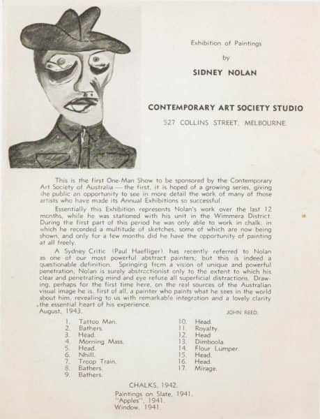 Leaflet for Nolan's 1943 One Man Show. The painting is his 1942 "Head of a soldier", collection NGA