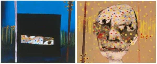 (left) Sidney Nolan, "Ned Kelly: 'Nobody knows anything about my case but myself'" 1945, Heide Museum of Modern Art, Melbourne; (right) Digital colour recreation of first stage of the painting based on X-ray fluorescence